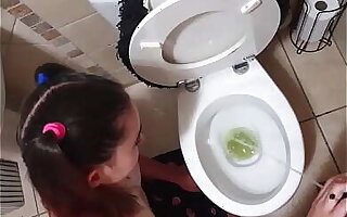 Step daughter taking her daddy for a pee and give him a blowjob